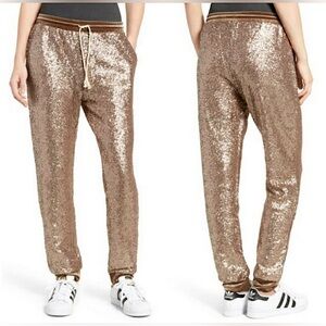 Rose Gold Brown Sequin Velvet Jogger Capris Sweatpants